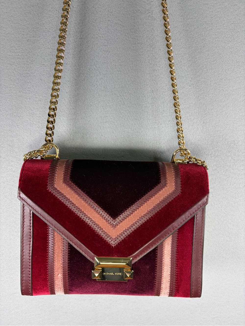 Michael Kors Whitney Convertible Velvet Chevron Shoulder Bag – Burgundy Multi